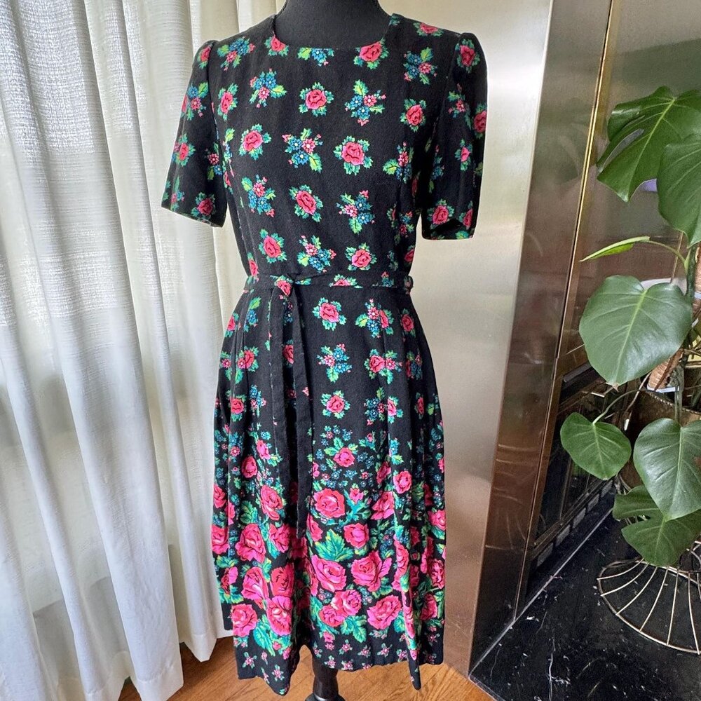Vintage 80s dress, black with pink, green blue roses, ombre effect skirt